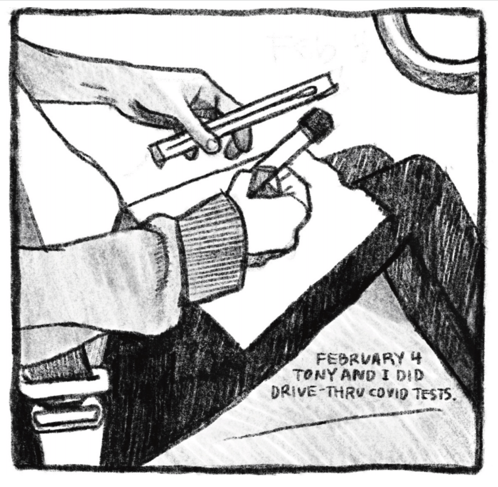 Hold Still Episode 7, Panel 1 "Feb 4. Tony and I did drive-thru covid tests." Drawing of person holding Covid test