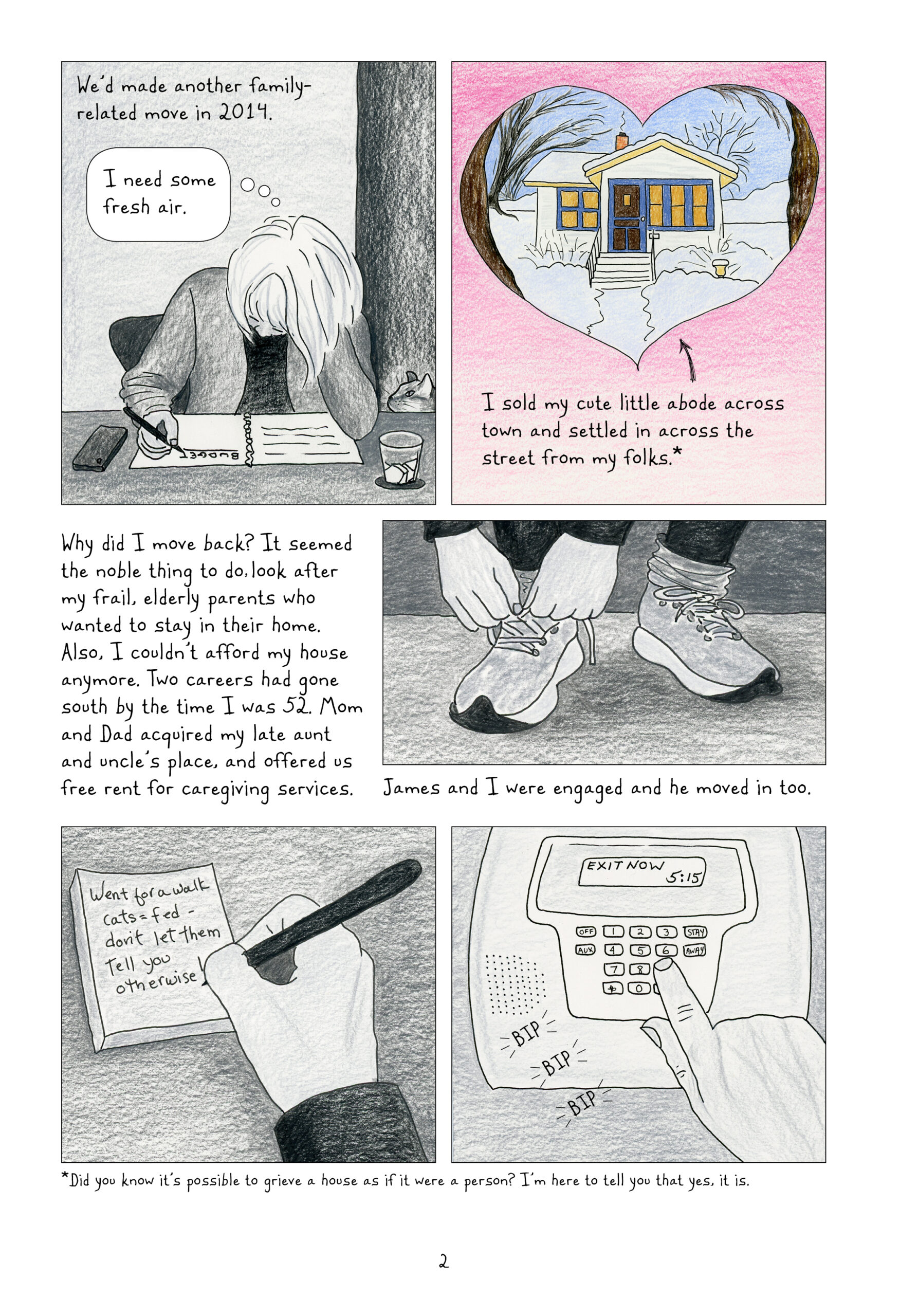 Elsewhere p.1
Lynn reflects on moving back in with her parents
All panels are drawn in gray-scale, except for one of her old home that she sold, which is in full color and framed in a heart shape