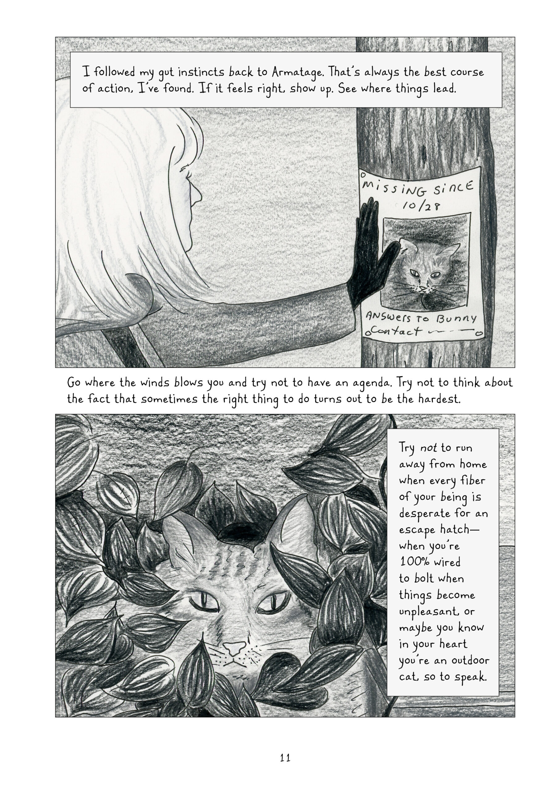 Two black and white panels. Lynn places her hand on a flyer of a missing cat posted to a telephone pole. The second panel zooms in on the cat's face, now surrounded by leaves. Lynn reflects on following her gut instincts, going with the flow, and trying with all your might not to run away from home even when you are desperate to escape or know in your heart you are an outdoor cat.