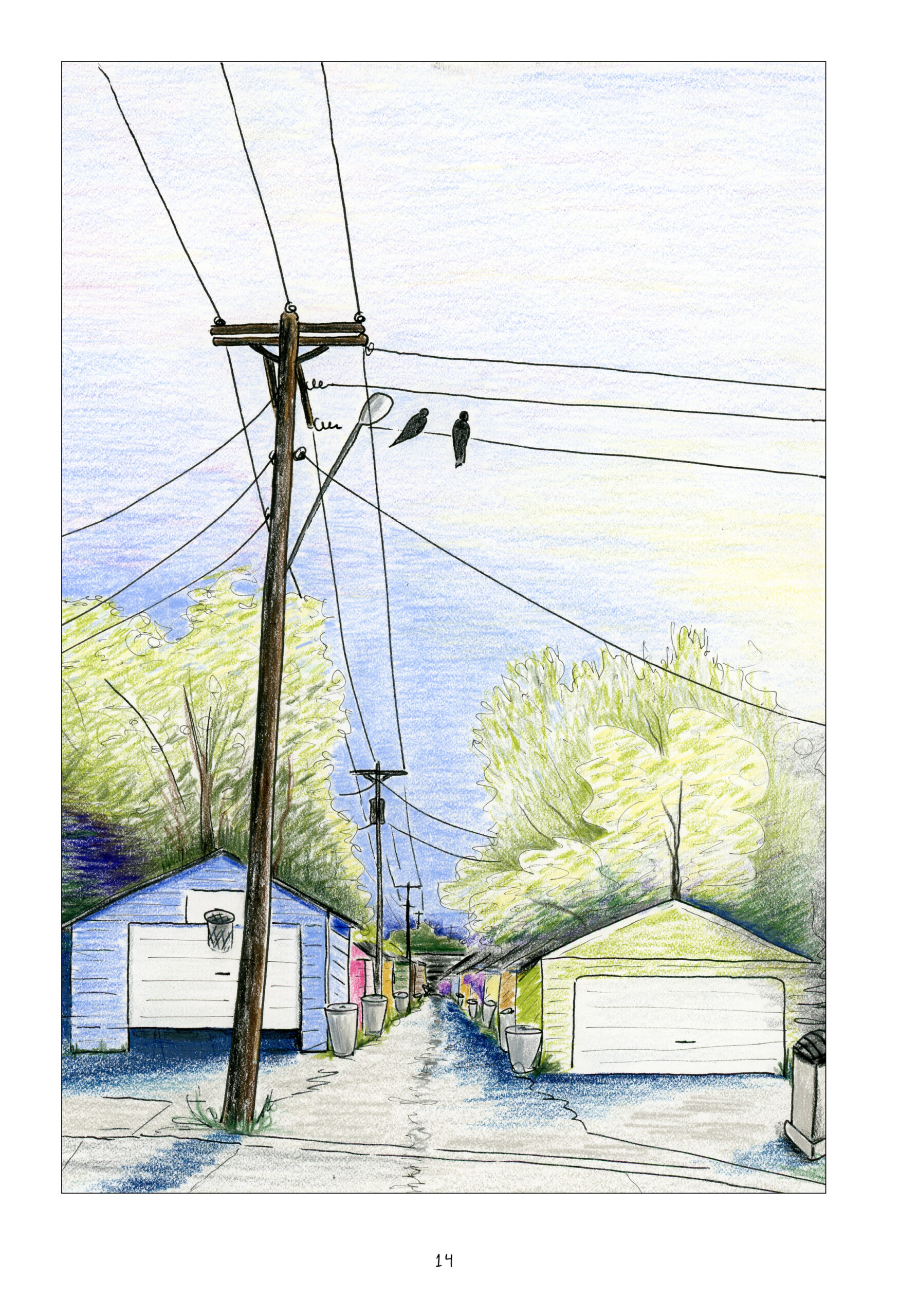 A full page image in full color of a street in one-point perspective, with power lines stretching above a line of brightly colored houses with garbage cans parked out front. The lighting suggests it is perhaps morning time. 