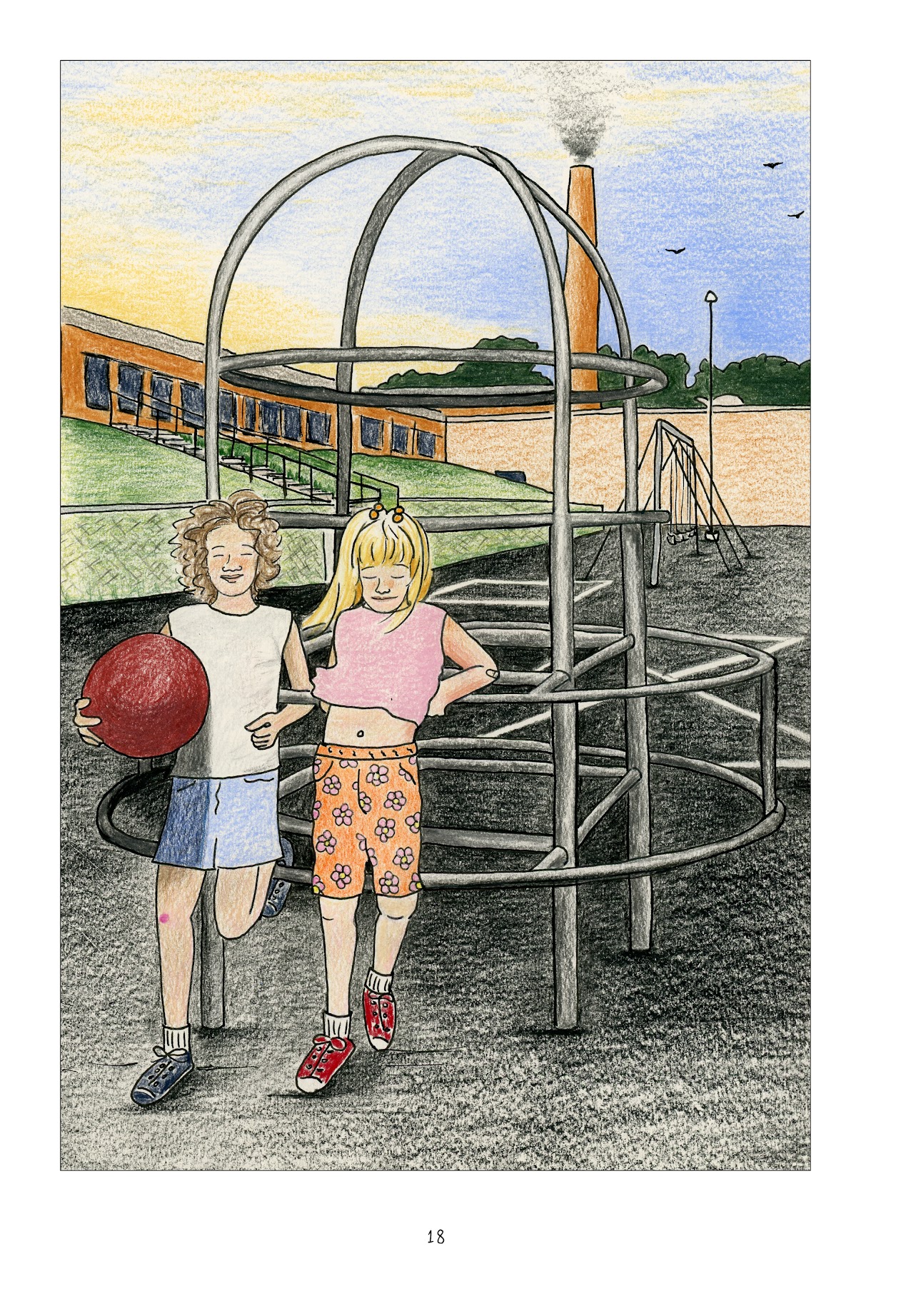 Full page drawing in full color of two girls leaning against playground equipment at Armatage Elementary. One girl has curly hair and holds a large red ball. She wears a white muscle tee, jean shorts, and black sneakers. The other girl, Lynn, has bangs and long straight strawberry blonde hair done up in pig tails with decorative clips. She wears a pink shirt, which blows in the wind to reveal her midriff, orange shorts with pink flowers, and red sneakers. The girls are smiling and look relaxed, standing in "cool" poses. 