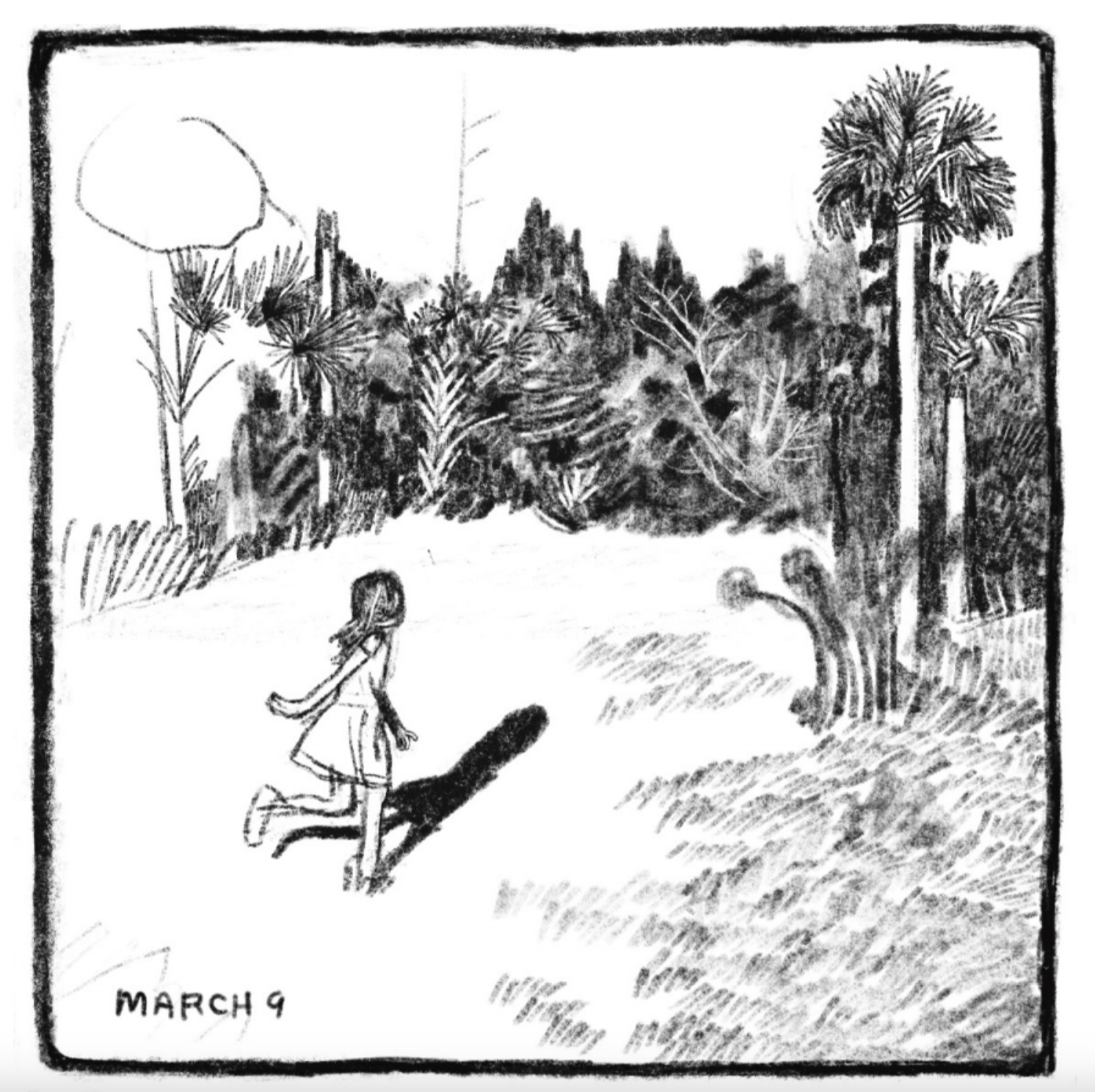 A young girl wearing a dress runs in a prairie lined by palms and other trees.
Caption reads: "MARCH 9"