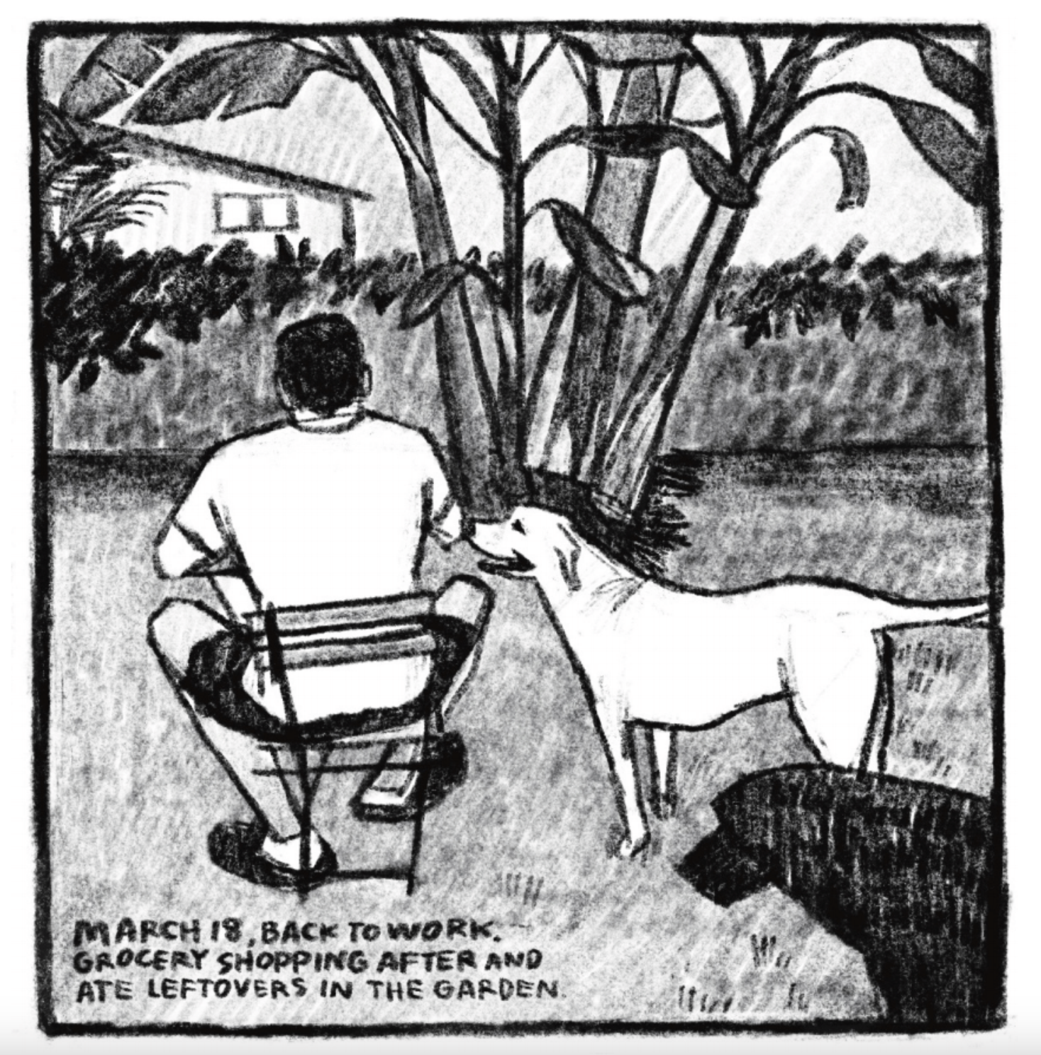 Tony sits, back turned to the viewer, looking at trees in a backyard, with a view of a house beyond the fence. A white dog stands happily and expectantly next to him. A shadowed dog is visible in the lower right corner.
Description grounds: "March 18. Back to work. Grocery shopping after and ate leftovers in the garden."