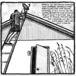 A man, likely Tony, stands on a ladder against the roof of a house, positioned right by a satellite dish. The house door is open. Reeds in the corner add a sense of balance to the panel. Description reads: "March 20. Saturday. Worked. Two summer permaculture practicums are now being offered. It will focus on the installations of food forests. Might have to quit my job in order to take'm. Anxious about the financial hit but I'd have more time for art/comics."