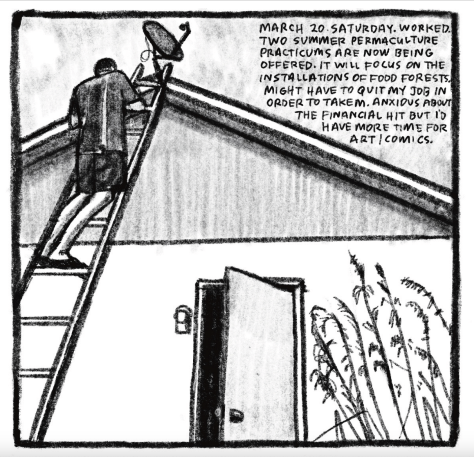A man, likely Tony, stands on a ladder against the roof of a house, positioned right by a satellite dish. The house door is open. Reeds in the corner add a sense of balance to the panel.
Description reads: "March 20. Saturday. Worked. Two summer permaculture practicums are now being offered. It will focus on the installations of food forests. Might have to quit my job in order to take'm. Anxious about the financial hit but I'd have more time for art/comics."