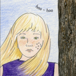 Elsewhere part II thumbnail - Lynn as a girl, next to a telephone pole, with marks from hot nails on her cheek.