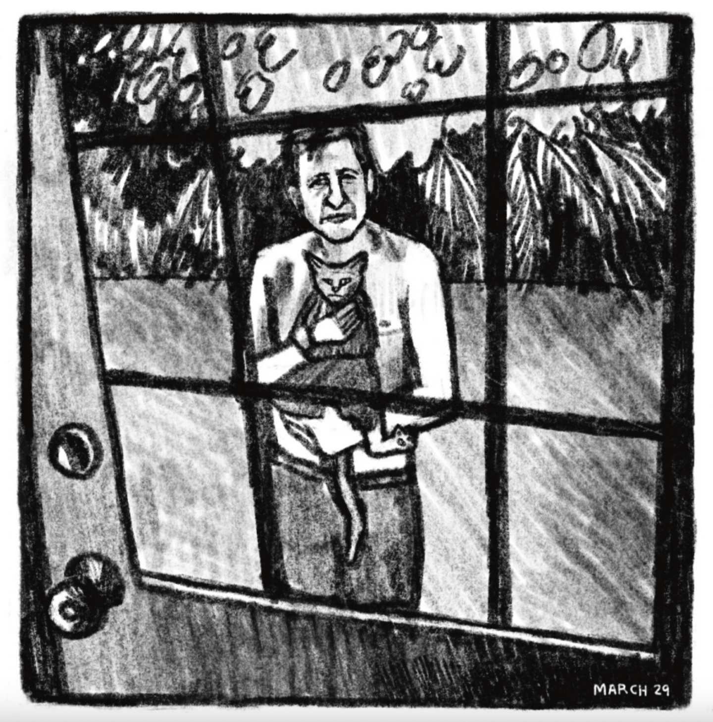 Tony stands outside holding a cat in his arms. We see him through a glass door. 
"March 29"