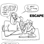 Derek sits on the floor with one of his kids, who reads a book and looks slightly bored. The title reads "Escape." Derek is talking to his kid.