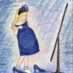 Young Lynn gazes at herself in a full length mirror. She is wearing a blue dress and too-big blue heels. She appears pregnant.