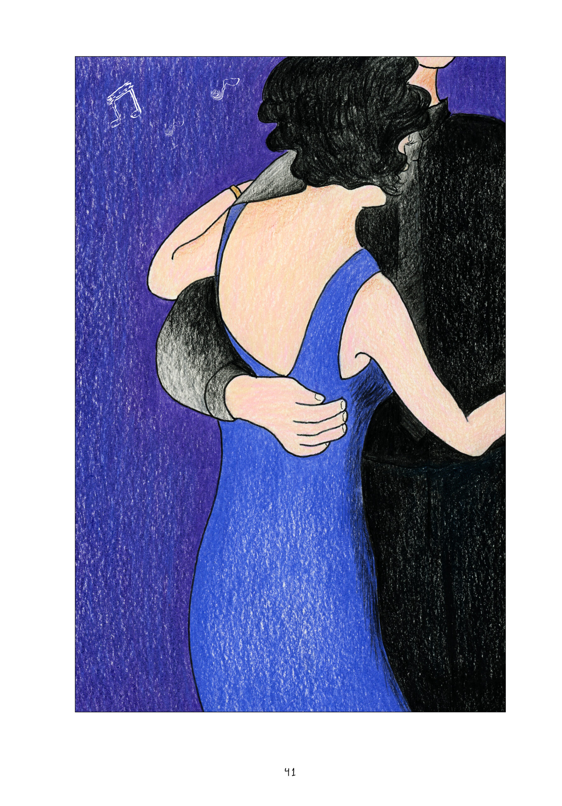 Another full page spread of Lorraine slow dancing, now with a man in all black. Her back Is turned to the reader. They hold each other close.