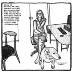 Kim sits at a desk but is turned to face the viewer. A PC, keyboard and mouse are on the desk, and there is a chair a couple feet away. She is wearing glasses and comfortable clothes. Her legs are crossed. She holds a pencil in one hand, and grabs her shoulder with the other. Her dog sits at her feet; his ear is turned inside out. She points out that he's worried. "April 14. Worked on final project for class all day. Neck hurt. Tony took this picture because Molly and I both looked a mess. Enzo got a bad report card yesterday so we laid out some repercussions."
