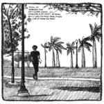 Enzo waits in a park for Kim to pick him up, on a strip of sidewalk surrounded by grass. He wears a t-shirt, jeans, and sneakers, all black or simply silhouetted. There are lamp posts and palm trees in the background. "April 20. Worked. Enz left school early, coughing a lot. Went to Mom's while Enz did mock trial. Picked him up from the park."