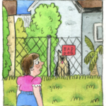 A girl looks over at a dog, who sits behind a fence. A red sign reads "BAD DOG."