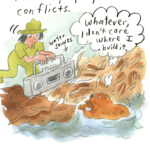A person dressed in a green park ranger uniform holds a boom box over a beaver's dam. It plays water sounds. A beaver works on the dam and thinks, "Whatever, I don't care where I build it."