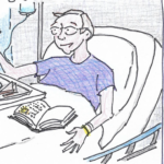 Jim sits up in his hospital bed. There is a book open in his lap, and a tray of food slightly raised above him. He is smiling.