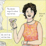 Lorraine wears a pink-orange Butterick 2920 dress and jewelry. She smiles and holds up a dirty martini. She says, "The doctor says it calms my nerves. We won't be out too late."