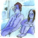 Vanessa sits on a couch hugging her knees to her chest. A man sits next to her. They both look solemn, and are colored entirely in blue, except for their brown hair.