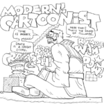 The episode's title is drawn in large block letters: "Modern! Cartoonist" Derek sits on the ground with his legs criss-crossed before some sort of stone altar letting off a thin stream of smoke. Derek appears to be meditating. He wears glasses and a jacket with a large decorative collar and other stylish elements. Text, ranging from speech bubbles to onomatopoeia, surround Derek.