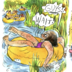 Young Vanessa, with short hair and glasses and a pink one piece swim suit, floats in a tube along a marshy spring. She is drifting into the marsh despite trying to steer with her hands flapping in the water. In a panic, she shouts out to her peers who have floated much farther past her, “Guys!! Wait!”