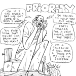 In block letters, the title sits at the top of the page: "Priority." Derek sits on a stump outside. His knees are tucked close to his chest. He hunches over slightly. He holds his phone to his ear and hides part of his face with his other hand. He looks nervous as he talks to someone on a phone call.