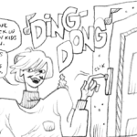 Sunny, Derek's acquaintance smiles while ringing a doorbell, "DING-DONG." The onomatopoeia is drawn in big block letters. Sunny wears a sweater over a turtleneck. His hair flows effortlessly.
