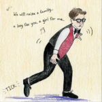 Lynn's brother Adam, as a boy, wears a red vest and black bowtie over a white button-down and black pants. He has on his signature thick, square glasses. He is attempting to tap dance. He looks off balance and awkward. He grimaces.