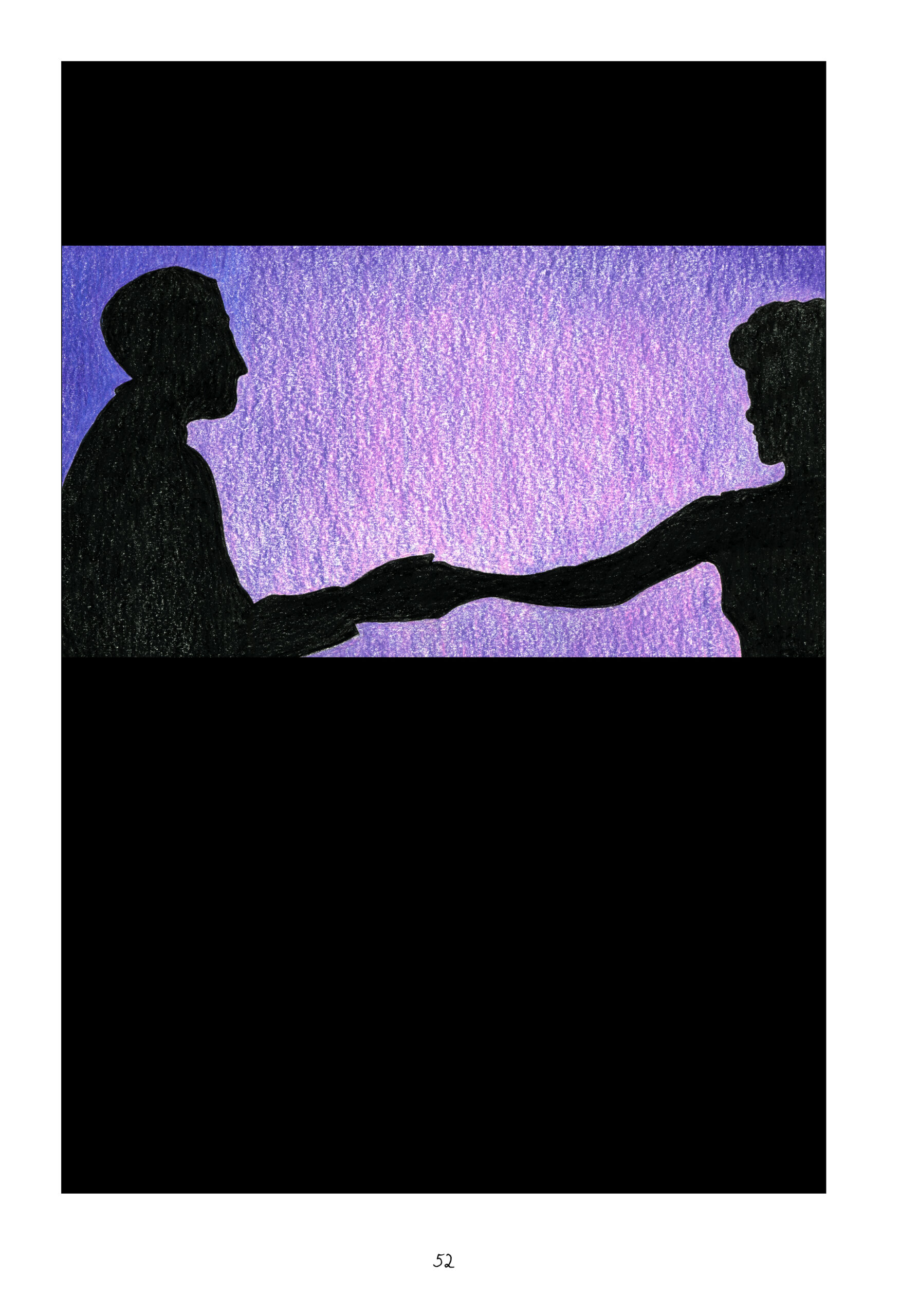 Over a black page, a panel that takes up about a third of the space shows silhouettes of Lorraine and Lynn's father dancing, reaching out to hold each other's hand as if to finish a spin. The background is blue and purple.