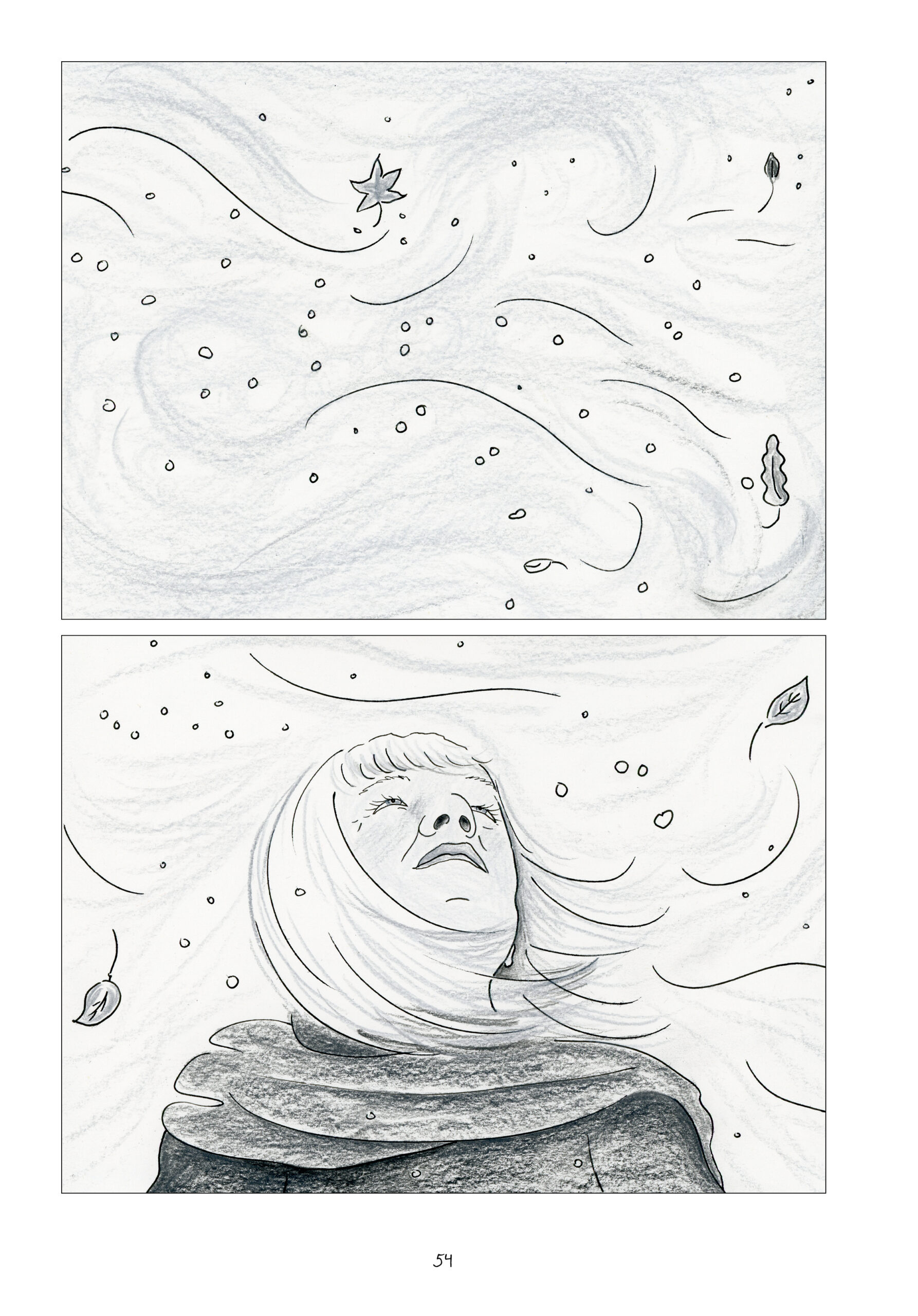 Two panels, landscape, each take up half the page. We return to the present in black and white. Wind swirls in the panels, picking up leaves and dotted by specks of snow. Adult Lynn looks up at the panel above her, with a somber expression. Her hair and scarf blow in the wind.