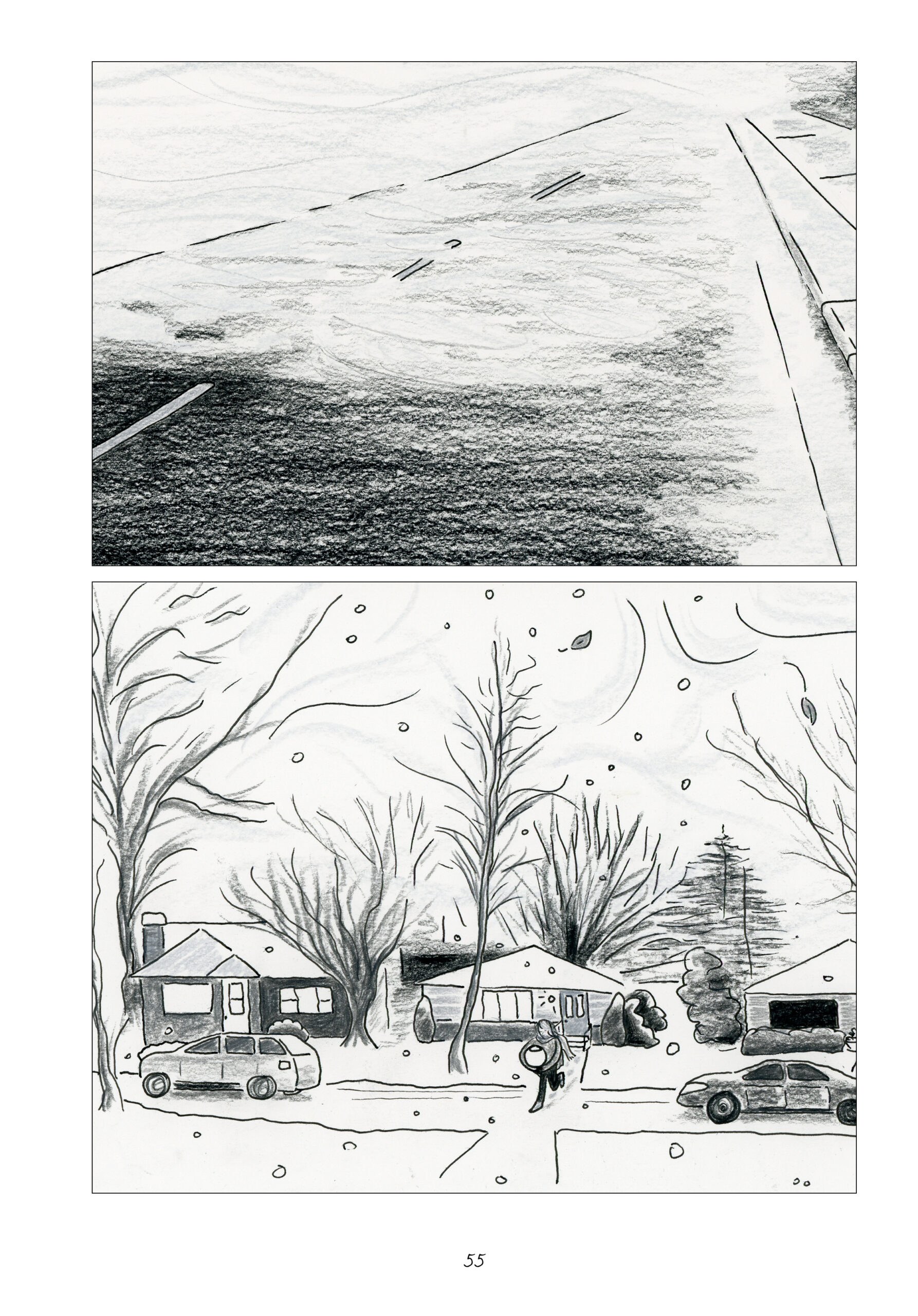 Again, two black and white panels each take up half the page. The first is a road, split down the middle with a broken line. To the right of the road is a sidewalk. Then we see an establishing shot of a neighborhood street in winter. Two cars are parked on the road. There are three houses in the background, each with a white roof. The front yards are also white, presumably from the snow. Trees dot the front and back yards; most have lost their leaves. Lynn, in a long sleeve shirt, scarf, black pants, and boots, is headed toward the road. She holds something large and round in her arms. 