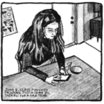 1. A woman with long, dark hair worn down sits at a table. Her arms are rested on the table and she is using her phone. Next to her are a compact mirror and a pair of glasses. There is a mushroom poster on the wall behind her. “June 8. Class. Finished painting. Justin came by, then Ali for a hair trim.”