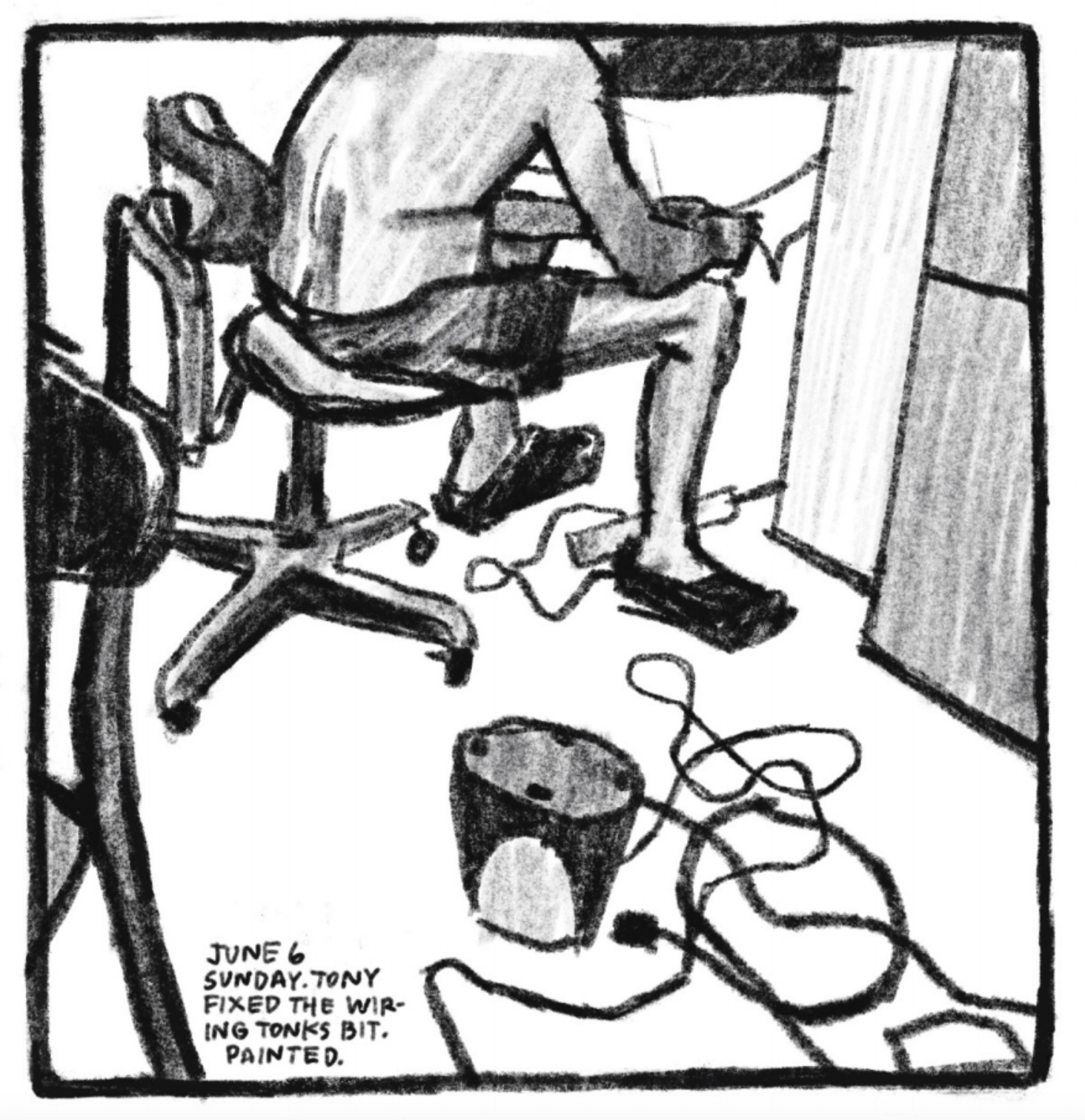 From the shoulders down, we see a man sitting on an office swivel chair, bending down slightly to work on some wires coming out of a cabinet. There are more wires on the floor, attached to a modem or something of the sort.

"June 6. Sunday. Tony fixed the wiring tonks bit. Painted."