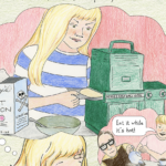 In a thought bubble, young Lynn makes a pancake using a Kenner Easy Bake Oven. She smiles sinisterly while pushing the tray in. Next to the batter bowl is an open box of Lucy's Rat Poison. In another thought bubble, Lynn serves the cooked pancake to Adam.