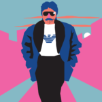 Stylistically rendered with bright, flat colors, simplified shapes, and no line work: a man faces the reader across a cyan background with pink buildings and peach clouds. He stands on a pink road between cyan sidewalks. He is wearing aviator sunglasses and has a thick mustache with a stubbly chin. He wears a blue and black coat over a white Armani t-shirt; his hands are in his jacket pockets, to his side. We see down to his knees before the image cuts off. He is rendered with blue hair, peach skin, and a pink nose. He has an air of intimidating confidence.