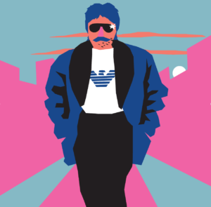 Stylistically rendered with bright, flat colors, simplified shapes, and no line work: a man faces the reader across a cyan background with pink buildings and peach clouds. He stands on a pink road between cyan sidewalks. He is wearing aviator sunglasses and has a thick mustache with a stubbly chin. He wears a blue and black coat over a white Armani t-shirt; his hands are in his jacket pockets, to his side. We see down to his knees before the image cuts off. He is rendered with blue hair, peach skin, and a pink nose. He has an air of intimidating confidence.