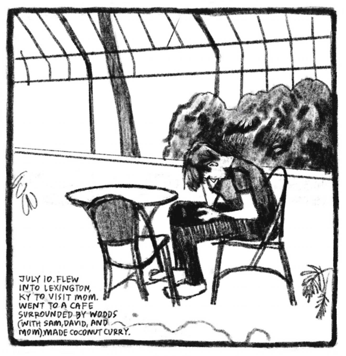 3. Enzo sits at a small outdoor cafe-style table. His chair is pushed back and he bends down, resting his elbows on his legs and looking at something on his thighs, perhaps his phone. The scene appears to be enclosed by a green-house style structure, a clear tent-like building that reveals bushes and a tree in the background. â€œJuly 10. Flew into Lexington, KY to visit Mom. Went to a cafe surrounded by woods (with Sam, David, and Mom). Made coconut curry.â€