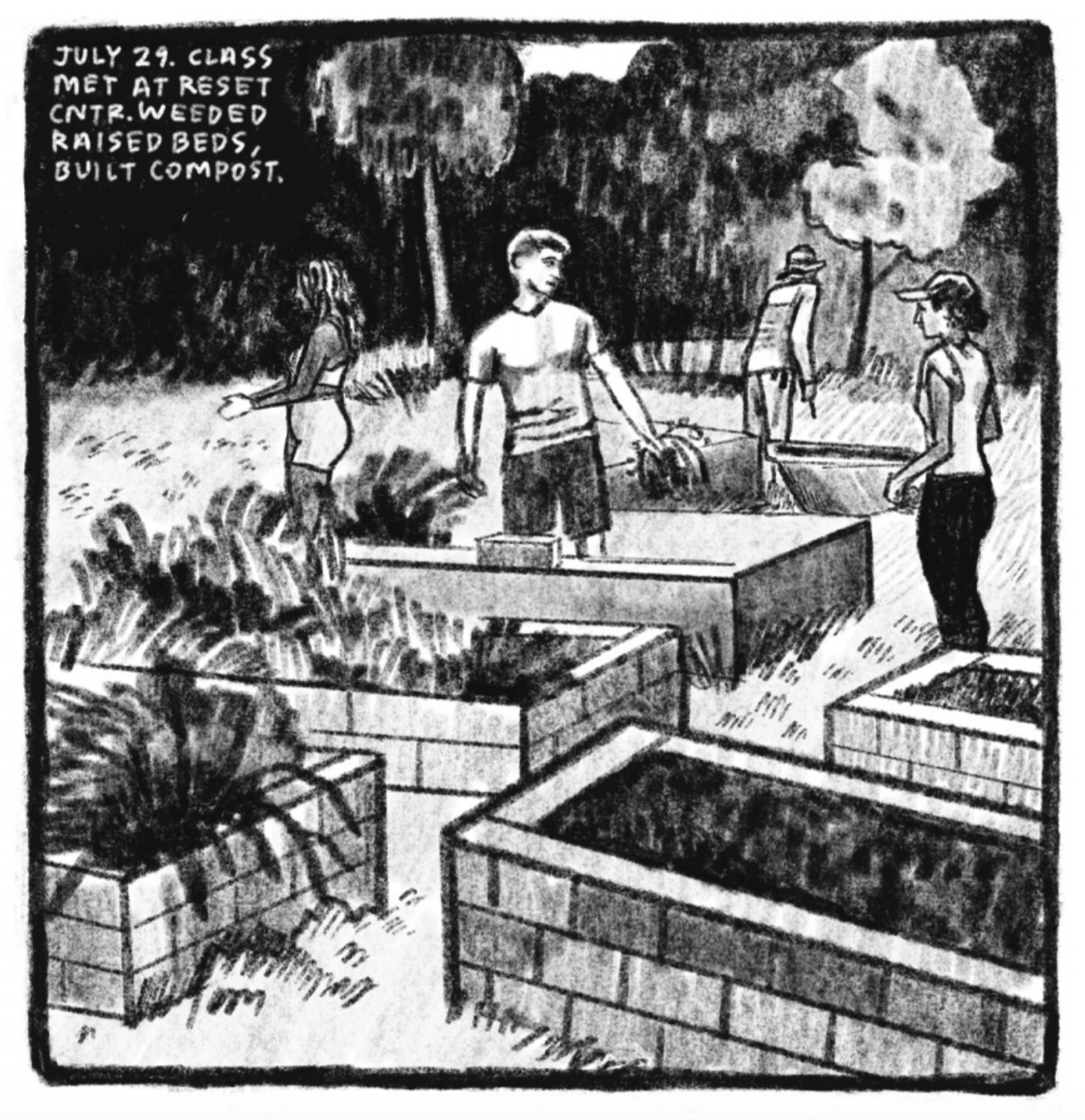 3. Four people stand outside around five raised garden beds. They are standing in grass, and there are trees in the background. Two of the beds are full of plants, two look full of soil. A man in shorts and a t-shirt stands in the last one, which looks empty; he has a clump of weeds in his hand. He looks to be communicating with a woman across from him, who wears a baseball cap, a muscle tee, and pants. Another person stands by a wheel barrow in the back, facing the trees. The last person faces to the left, away from the others; they seem to be talking to someone off-panel. This person has long wavy hair and is wearing a sports bra, bicycle shorts, and gardening gloves. â€œJuly 29. Class met at Reset Center. Weeded raised beds, built compost.â€