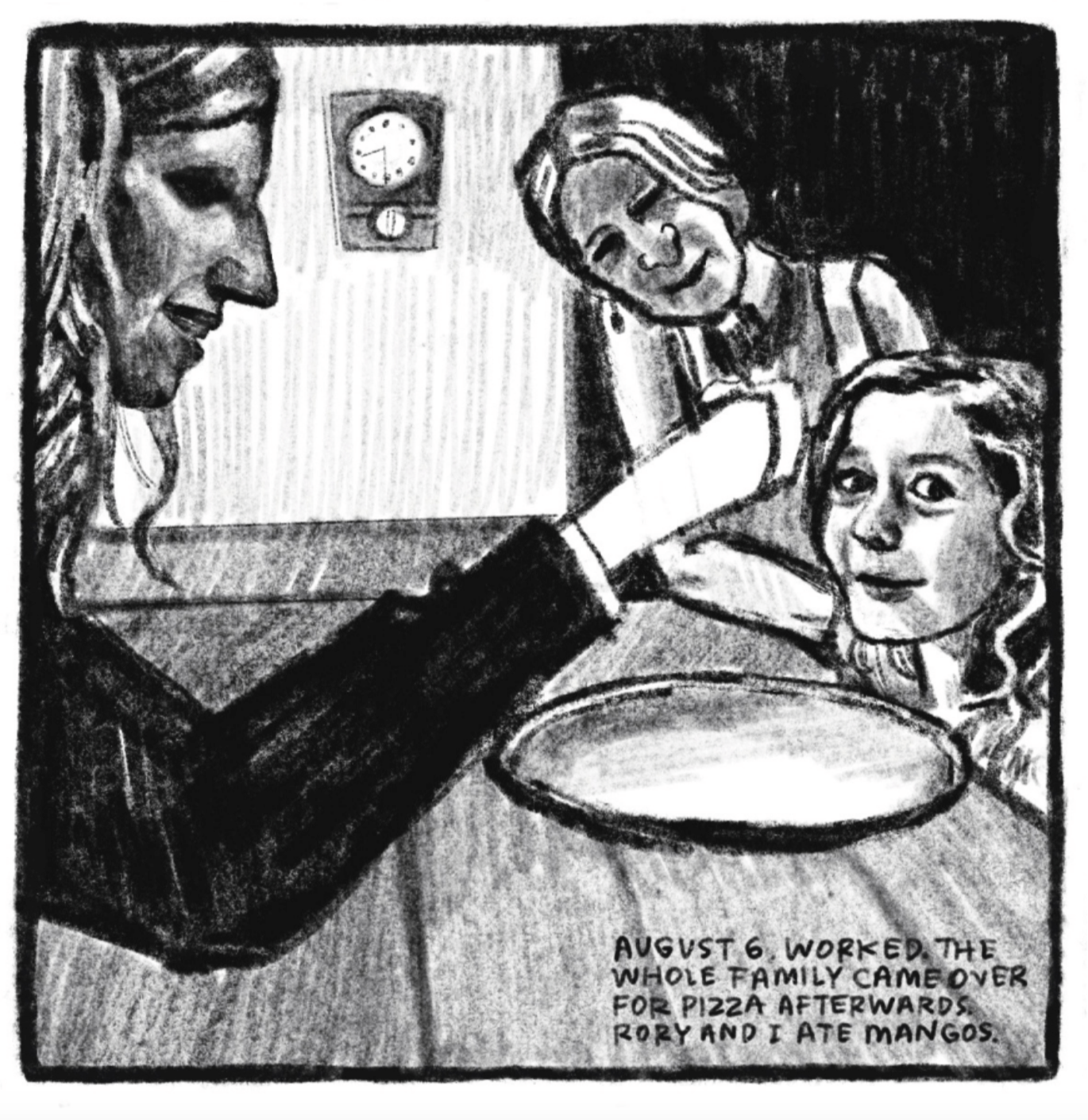 4. Kim sits at a kitchen table across from a woman who looks to be about her age, and Rory. Kim is holding something in her hand up to Rory and smiling; the woman also smiles at Rory; but Rory looks and smiles at the reader. There is an empty pizza pan on the table directly in front of her. â€œAugust 6. Worked. The whole family came over for pizza afterwards. Rory and I ate mangos.â€