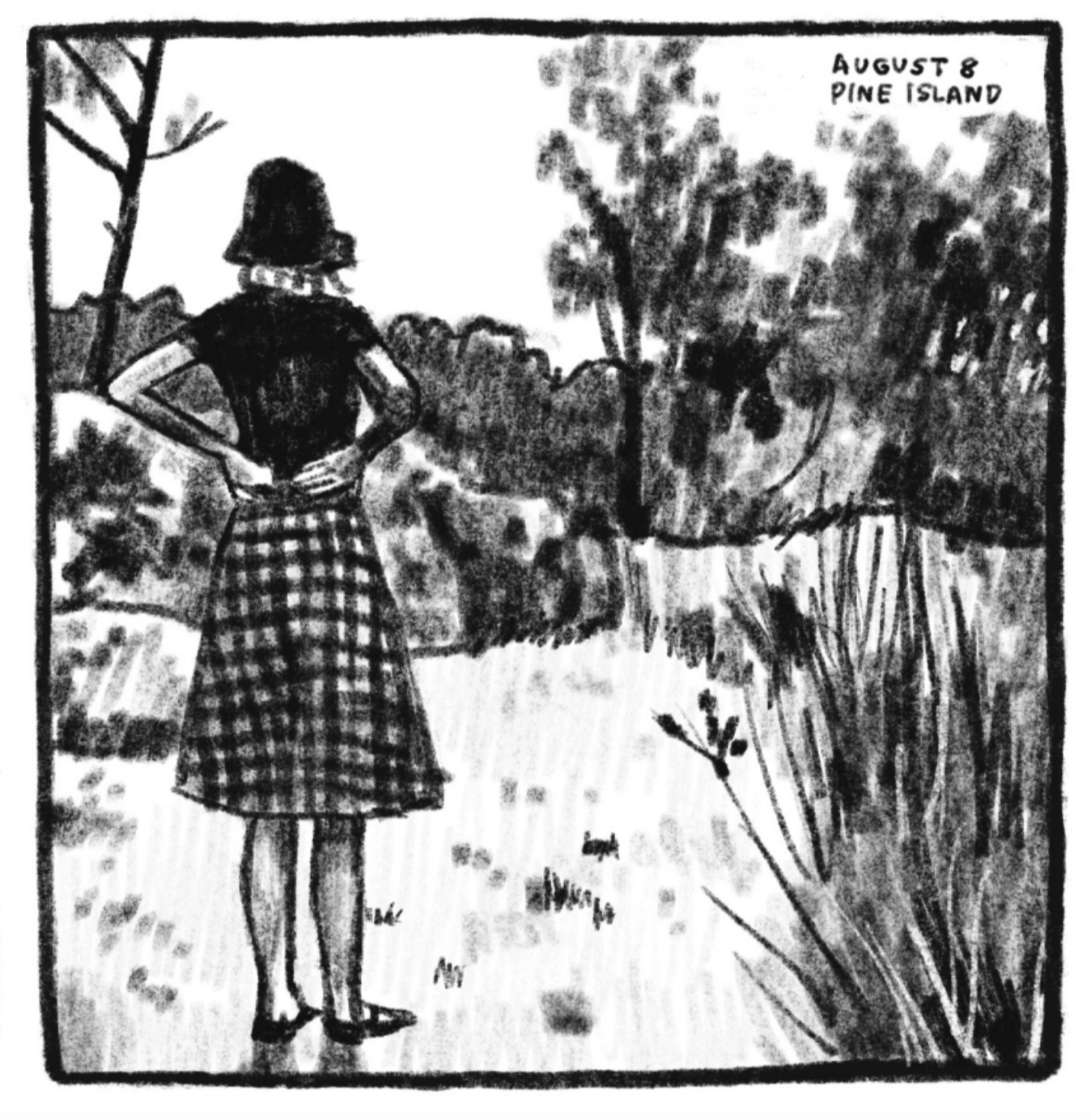 6. Kim stands outside on a patch of grass surrounded by trees, tall grasses, and other plants and shrubs. She is wearing a black bucket hat, a black short-sleeve shirt, a black-and-white checkered knee-length skirt, and black ballet flats. We see her from behind; her hands are on the backs of her hips as she looks out at the scene before her. â€œAugust 8. Pine Island.â€