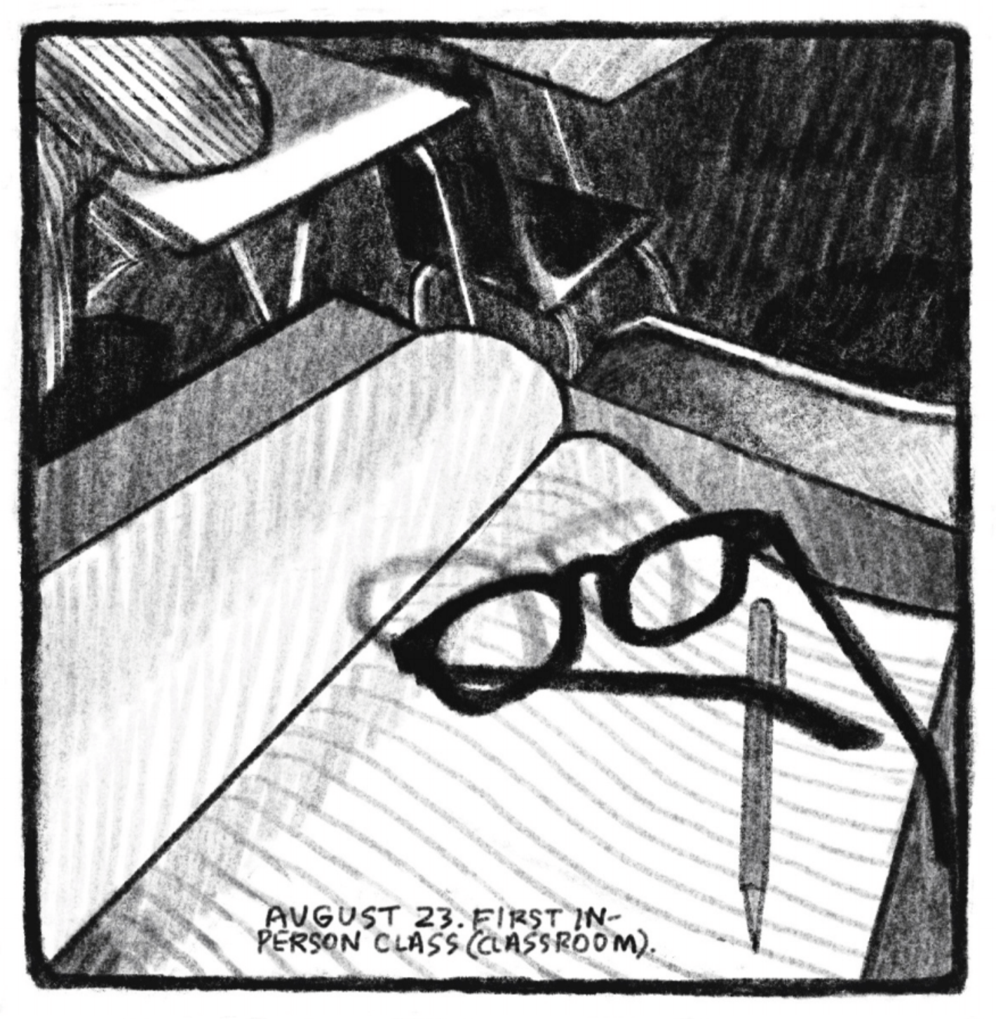A close-up shot of an open, blank spiral notebook topped with a pair of glasses and a mechanical pencil, all sitting on a school desk. Other desks are visible in the background; someone rests their elbow on theirs. â€œAugust 23. First in-person class (classroom).â€
