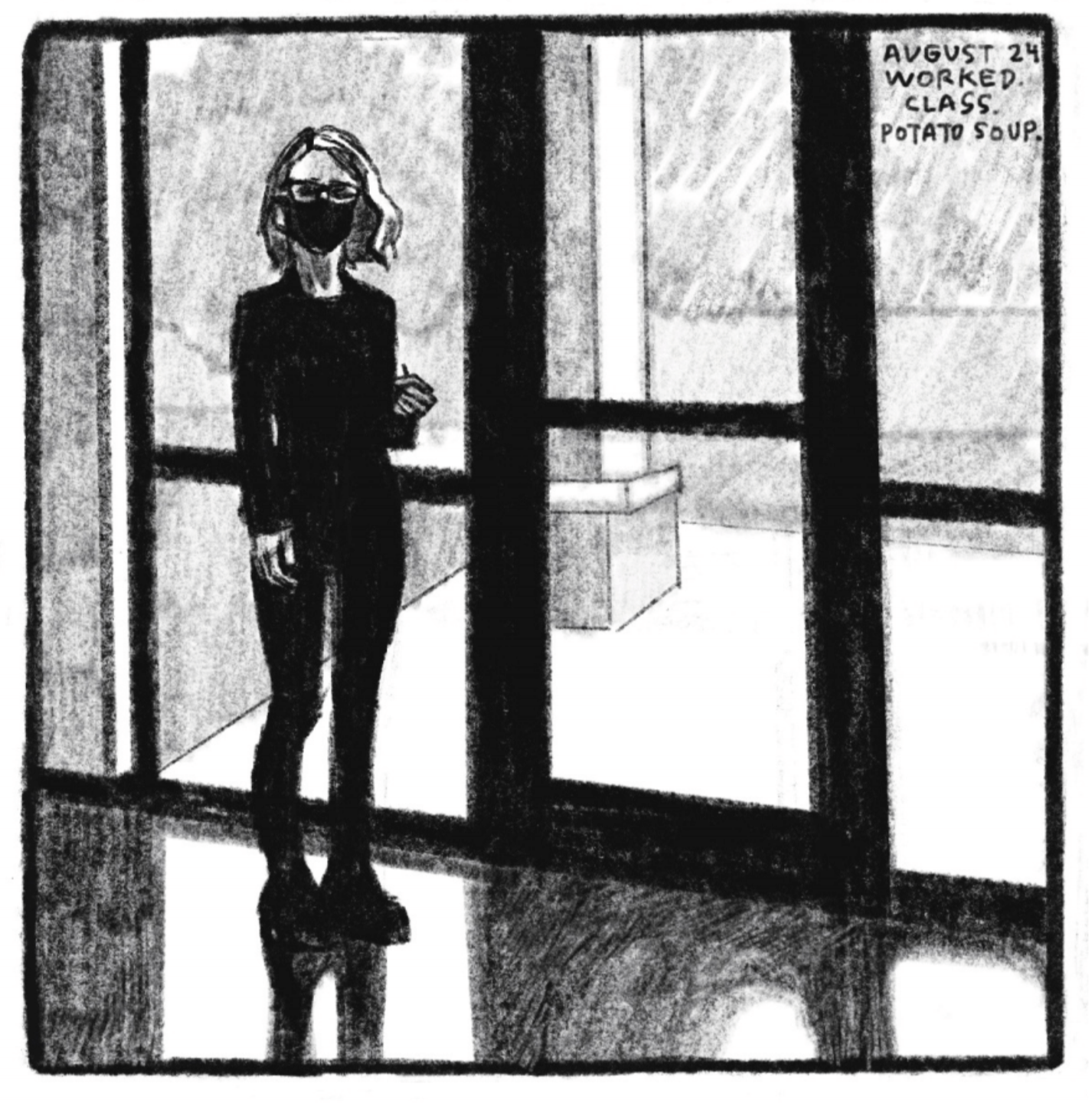 Kim stands inside a room with a reflective floor, in front of a wall of windows. She is wearing an all-black outfit, including a black covid mask, along with her glasses. She is holding something, maybe an apple, in her hand, and looking right at the reader. Through the window, we see some kind of concrete pillar or pole. â€œAugust 24. Worked. Class. Potato soup.â€