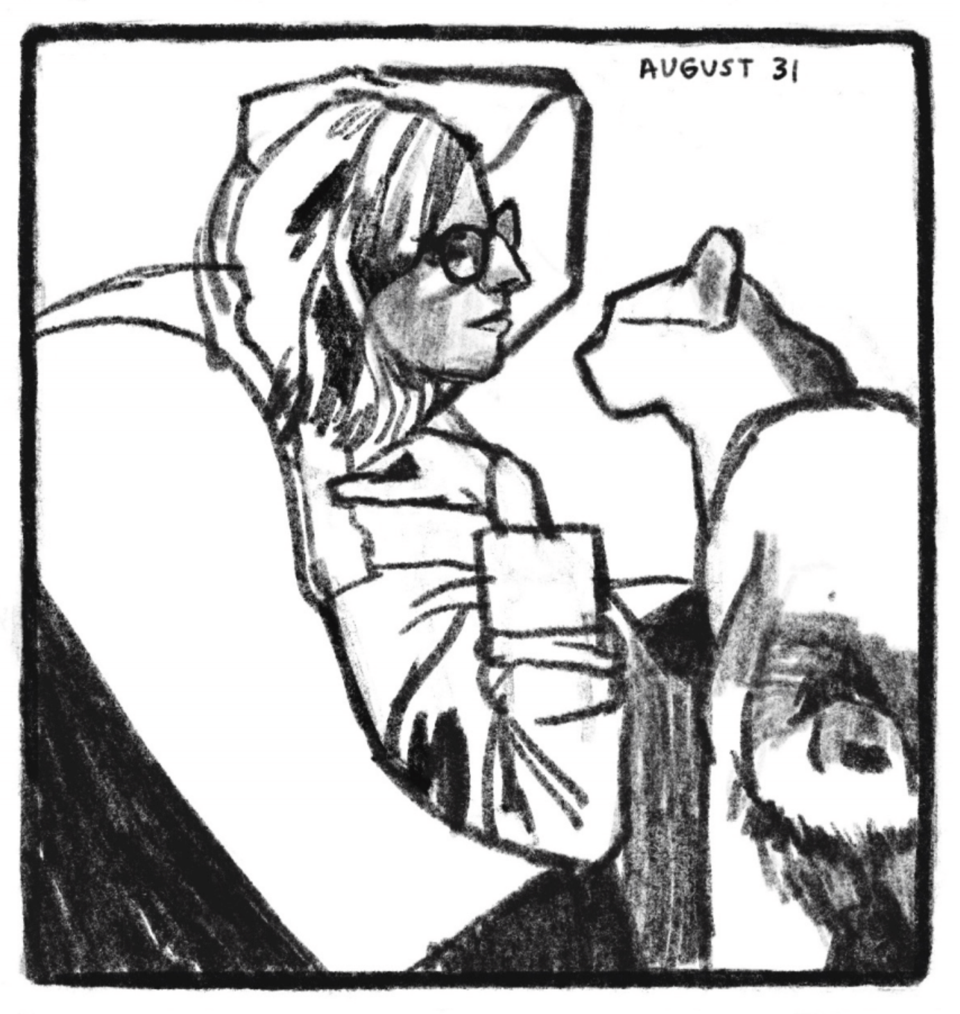 Kim is sitting in an armchair, looking lovingly at Tonks, whose face is just inches away from hers. This panel is more sparingly shaded than most in the collection, with a lot of  white space. â€œAugust 31.â€