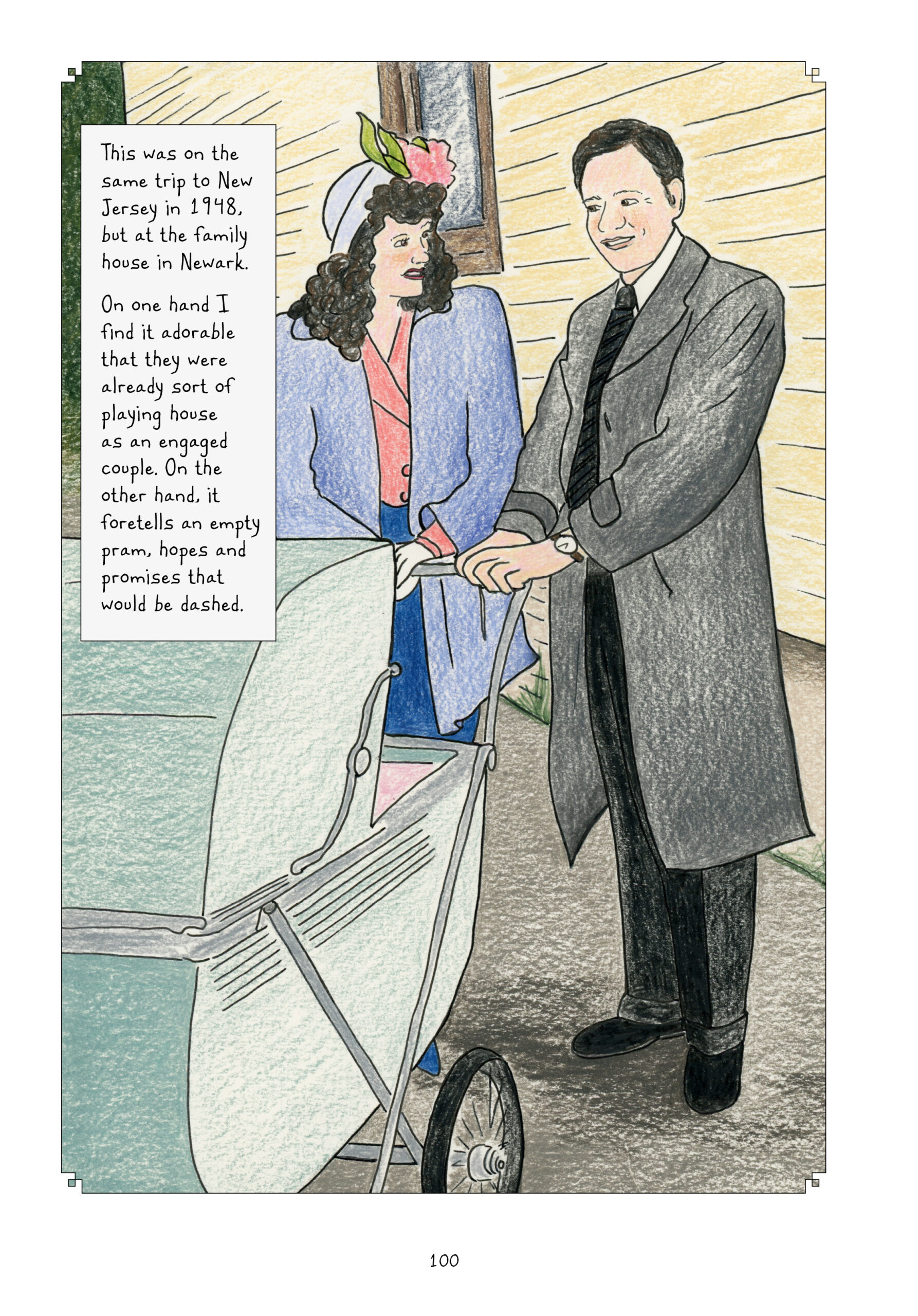 A young Lorraine and Lynnâ€™s dad stand next to each other holding onto a green pram baby stroller. They are looking at each other and smiling. Lorraine is dressed as usual in a stylish outfit of the times, including a hat topped with a large flower decoration. Lynnâ€™s dad wears a gray trench coat over a suite shirt and tie, black trousers, and loafers. Lynn writes, â€œThis was on the same trip to New Jersey in 1948, but at the family house in Newark. On one hand I find it adorable that they were already sort of playing house as an engaged couple. On the other hand, it foretells an empty pram, hopes and promises that would be dashed.â€