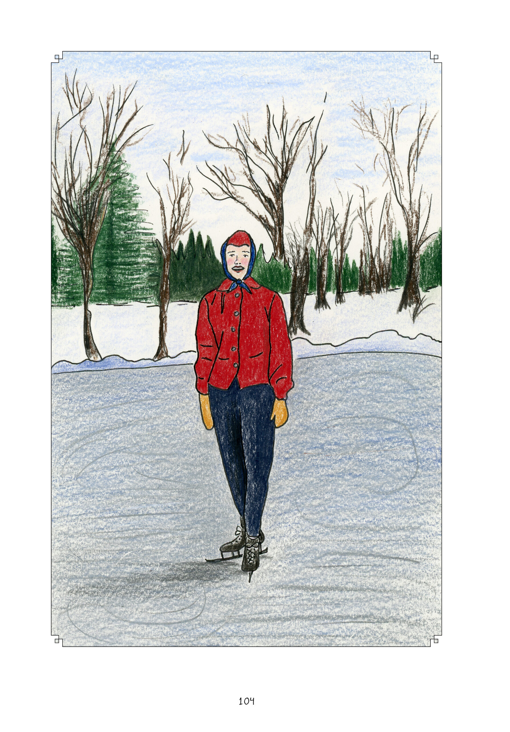 A young Lorraine stands on a frozen pond with ice skates. She is bundled up in a red jacket, blue pants, yellow gloves, and a red hat, with a blue bandana wrapped around her head and tied in a bow under her chin. Her cheeks are flushed and she is smiling. There are leafless trees standing in a blanket of snow behind her, with evergreens farther off in the background.