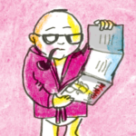 A baby with glasses, smoking a pipe, wearing a violet bathrobe, and reading a Playboy magazine with an unimpressed expression. The background is pink.