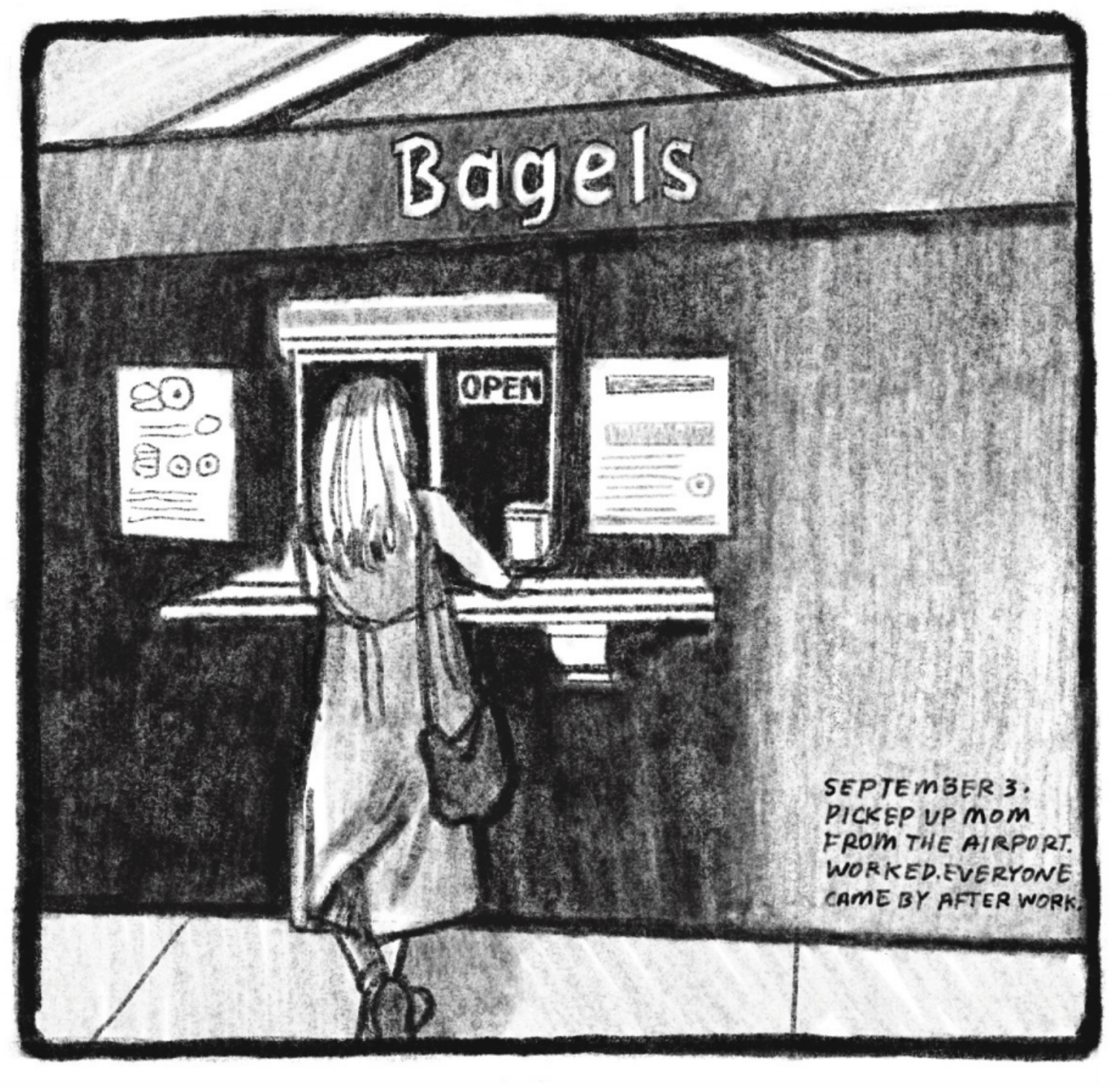 Kimâ€™s mom stands at the window of a food truck/stall with a sign that reads BAGELS. She is wearing a maxi dress with a purse hanging from her shoulder. â€œSeptember 3. Picked up mom from the airport. Worked. Everyone came by after work.â€