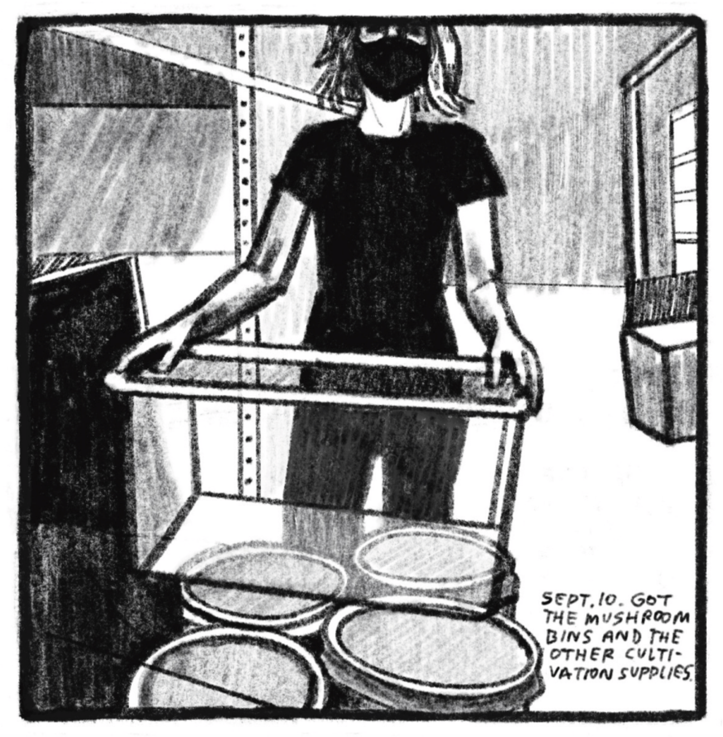 Kim is facing the viewer while holding an empty plastic bin in what looks to be a hardware or furniture store. She is resting the bin on top of some large buckets with lids. â€œSeptember 10. Got the mushroom bins and the other cultivation supplies.â€