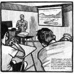 A view of a classroom from Kim’s perspective. A man with a goatee wearing a button down shirt stands behind a podium with a desktop computer, speaking to the glass. There is a projector on a stool in front of him, displaying an image of a rocky formation and body of water on the screen on the back wall. Two men sit in the desks in front of Kim, leaning in and listening. “September 20. Our group had its first presentation today. I had dreaded it, but we did well and now it’s over with.”