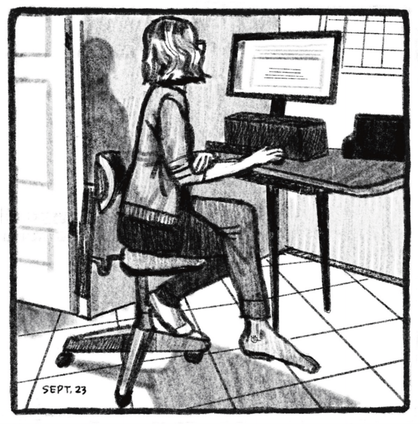 Kim sits at a desk in an office swivel chair, working on her desktop computer. â€œSeptember 23.â€