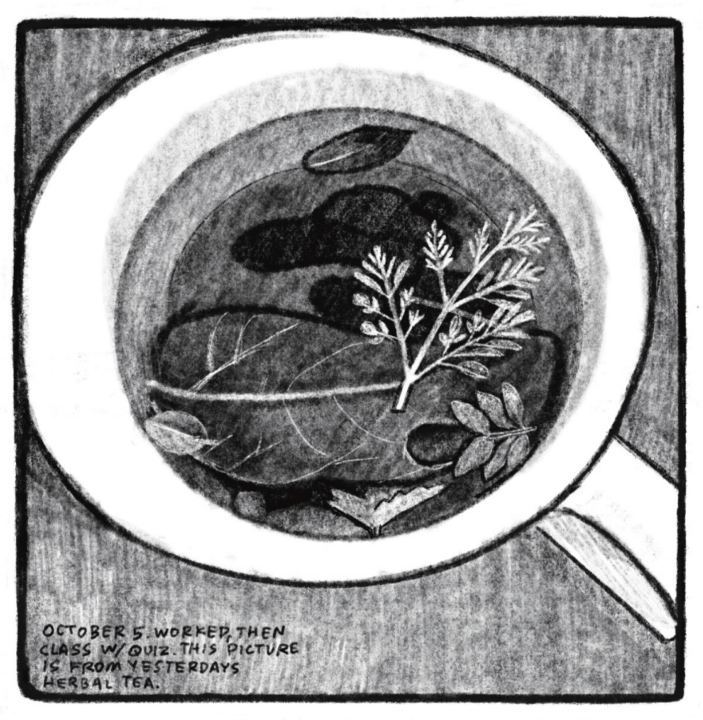 A close-up of a mug filled with different kinds of leaves and tiny flowers to make herbal tea. â€œOctober 5. Worked, then class with quiz. This picture is from yesterdayâ€™s herbal tea.â€