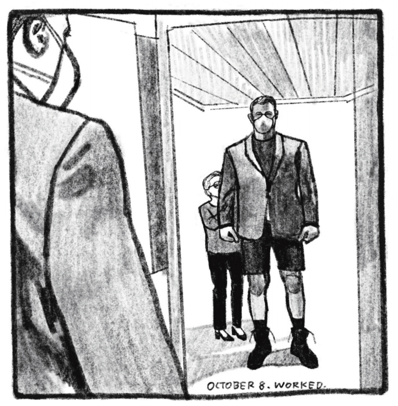 Tony is looking at his reflection in a full-body mirror. He looks to be getting fitted in a suit jacket. He is wearing a mask for covid, a suit jacket, shorts, and work boots. There is a woman standing behind him, who looks to be observing the jacket from behind. â€œOctober 8. Worked.â€ 